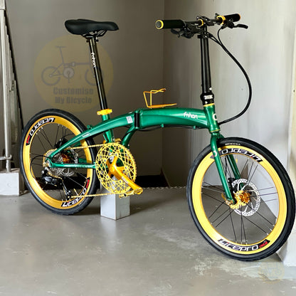 Fnhon Tornado 22 inch Emerald Green folding bicycle front three quarter view with Litepro Aero high profile wheelset