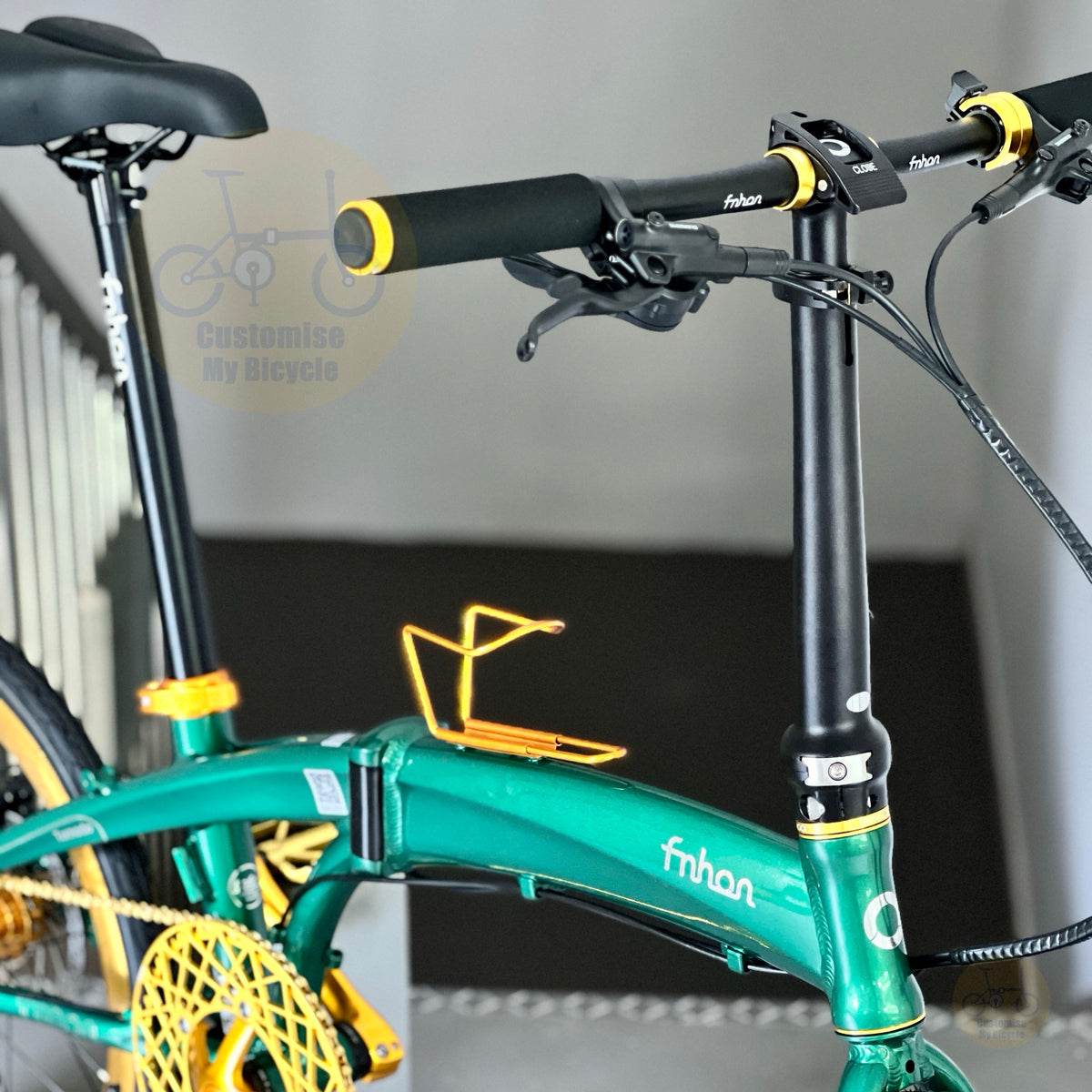 Fnhon Tornado Emerald Green folding bike with customised comfy saddle