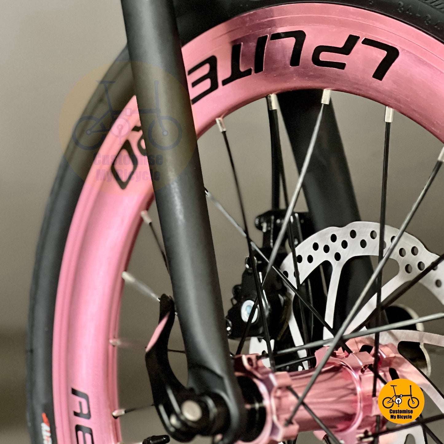 Lower front angle highlighting fork design and mechanical disc brake setup
