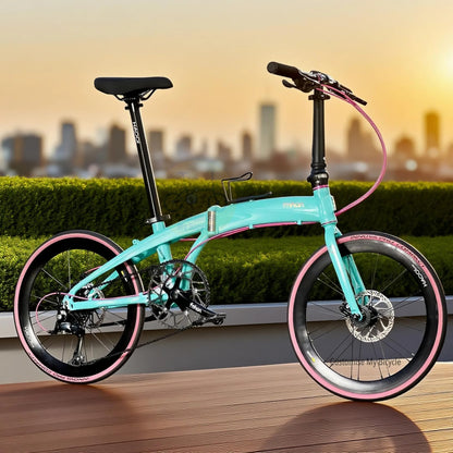 Fnhon Tornado 22 Inch Turkish Blue Folding Bike With Shimano 9 Gears Aluminium Alloy Frame And Mechanical Disc Brake
