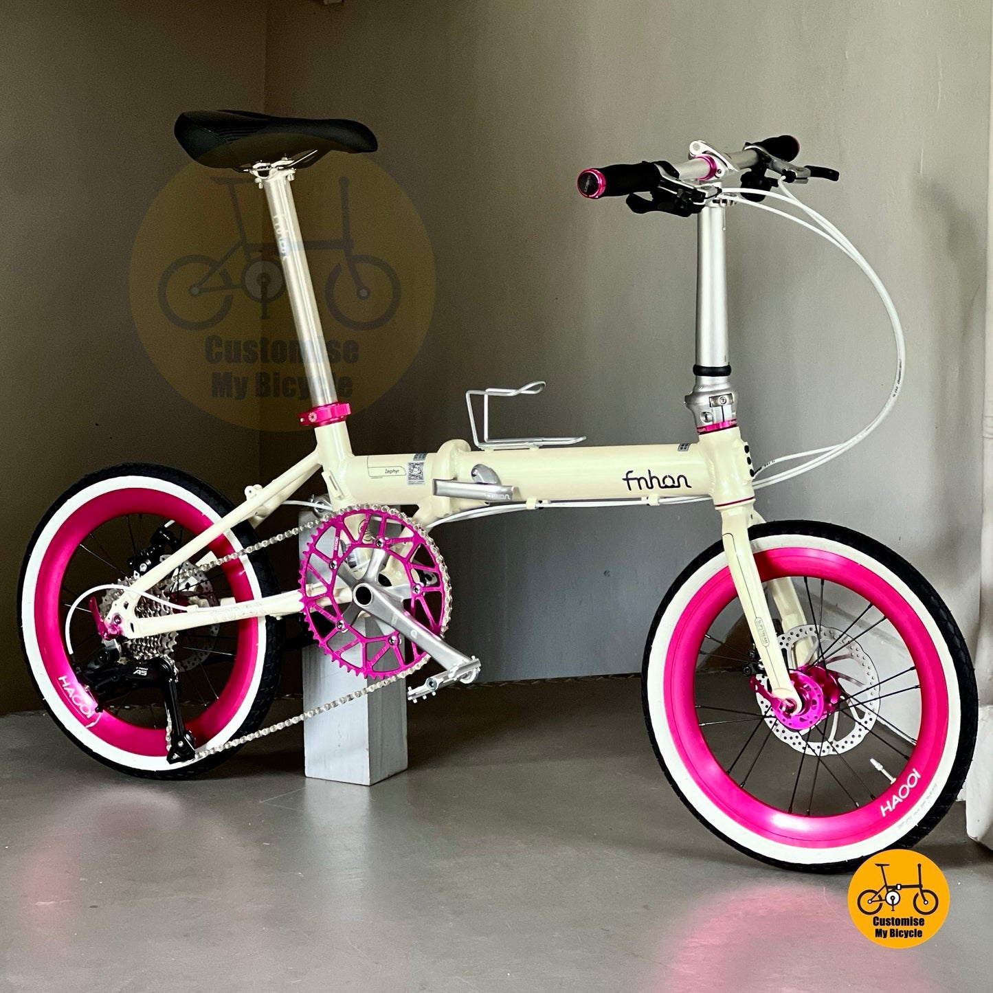 Basikal Fnhon Zephyr lipat kecil untuk wanita dengan tayar putih dan gear LTWOO 9 kelajuan