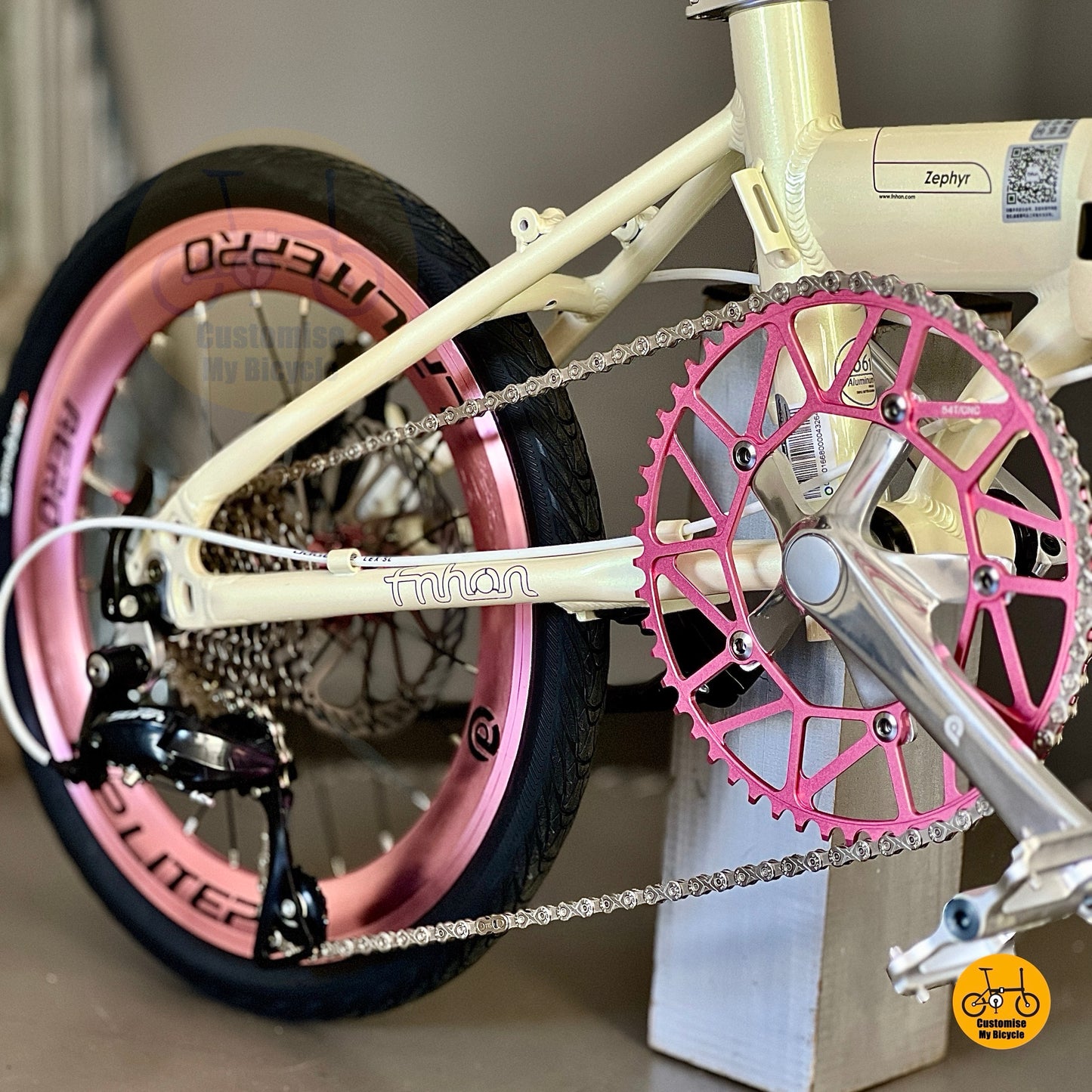 Close up of Fnhon Litepro Hollowtech crankset on Zephyr 18 inch folding bicycle
