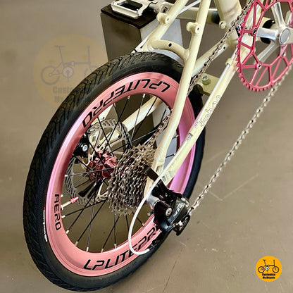 Close up of Shimano 9 speed gears on Fnhon Zephyr beige folding bicycle
