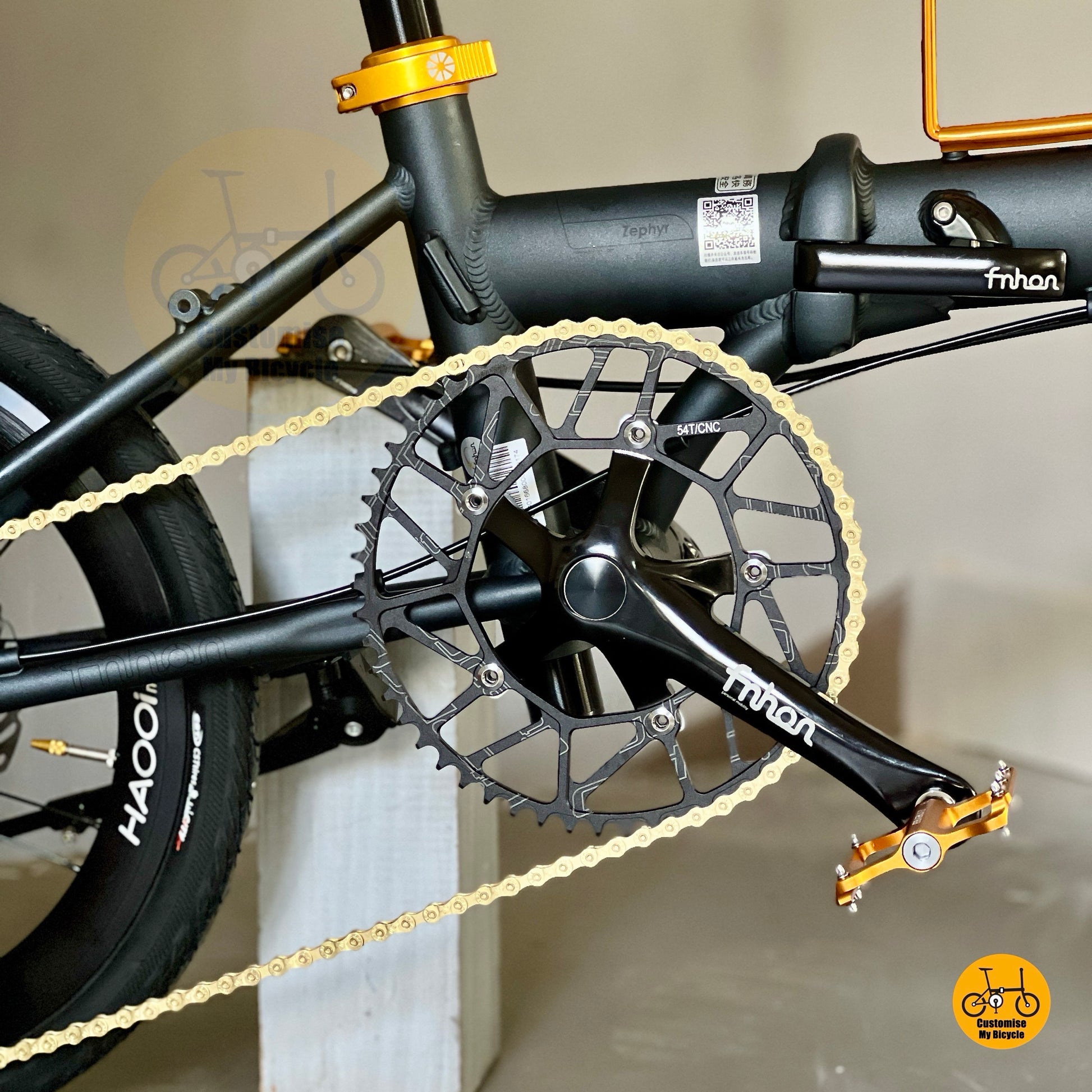 Fnhon Zephyr folding bike close up Hollowtech crank LITEPRO hollow 54t chainring
