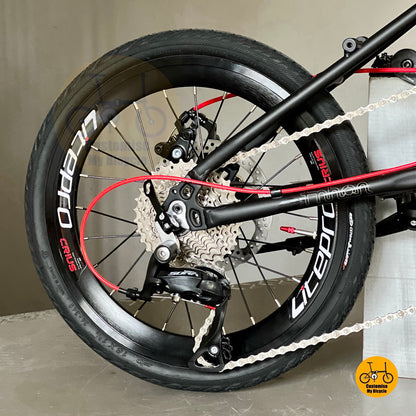 Close up of cassette and rear derailleur Shimano 9 speed system
