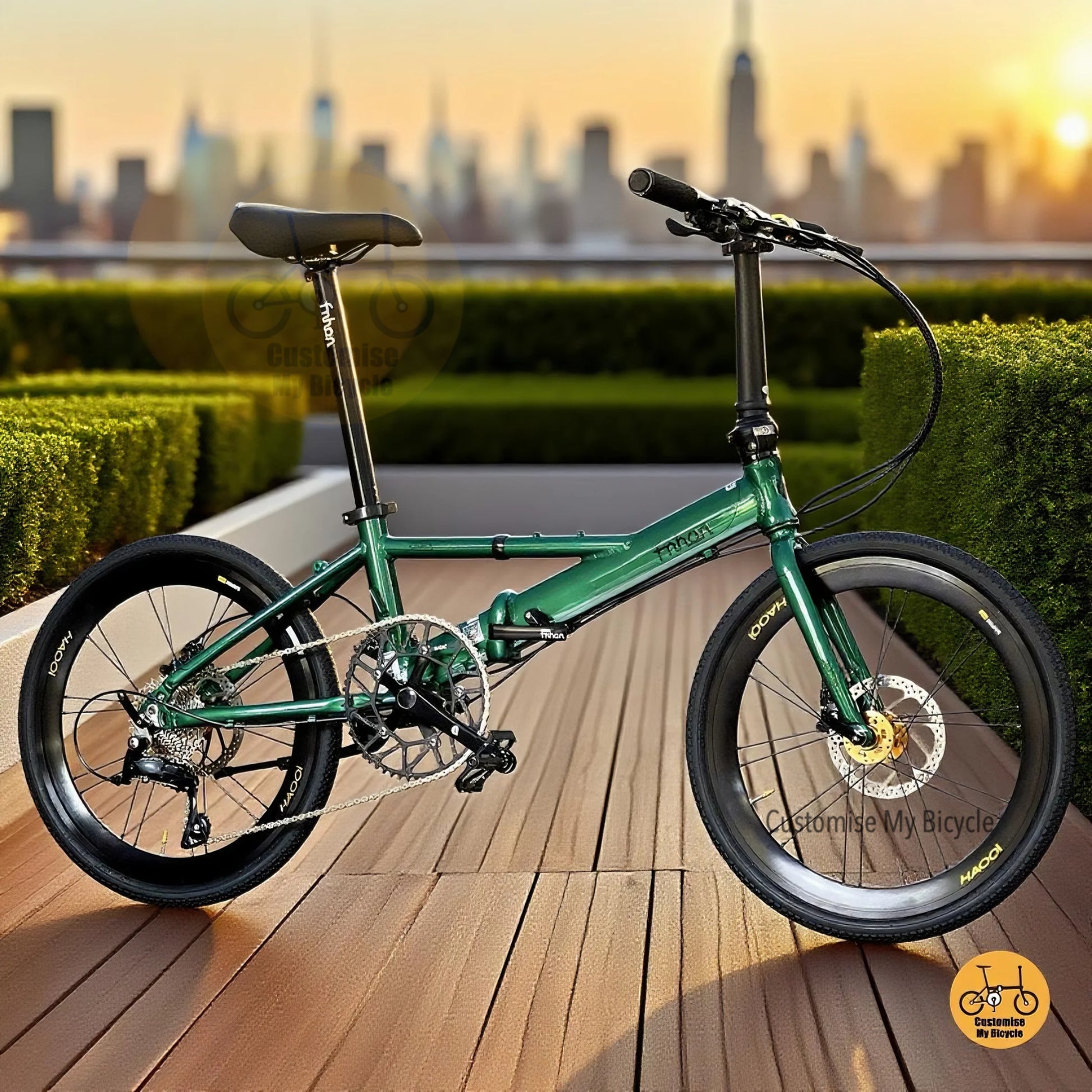 Side view of Fnhon Monsoon 22 inch Emerald Green Gold folding bike with Shimano 9 gears  

