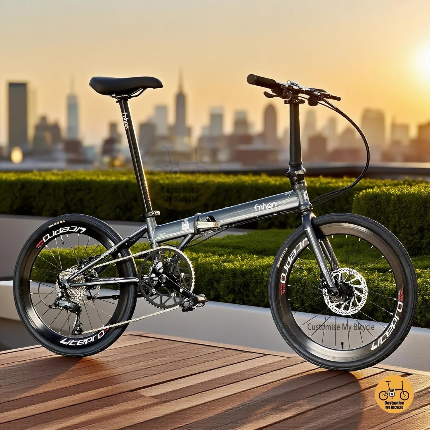 Side view of Fnhon Storm 22 inch Dolphin Grey folding bike with Shimano 9 Speed drivetrain  
