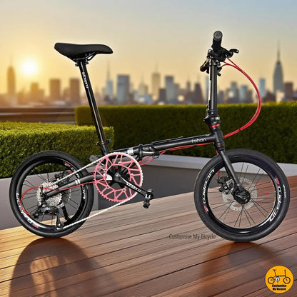 Fnhon Zephyr 18-inch folding bike in matte black with red tips and 16" 349 wheel size tyre
