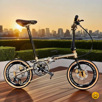 A titanium gold Fnhon Gust folding bicycle with Shimano 10-speed gears, displayed in an outdoor setting with blurred lights in the background.