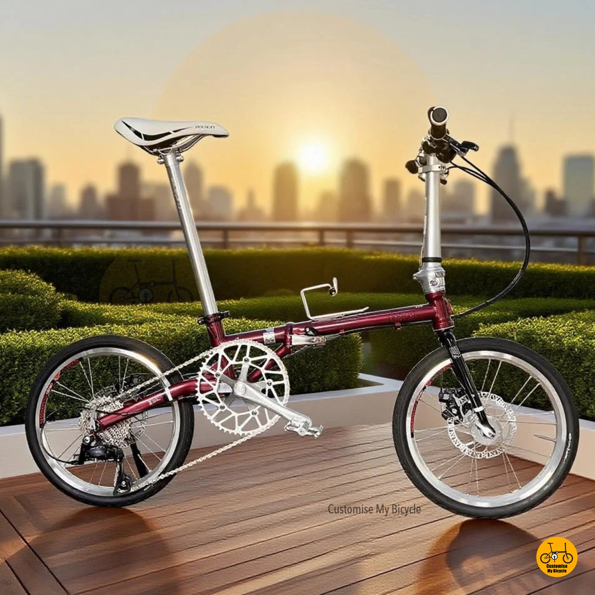 A Fnhon Gust 16" 349 foldable bicycle with an Auburn red frame, Shimano 9-speed gear system, and white saddle and handlebars