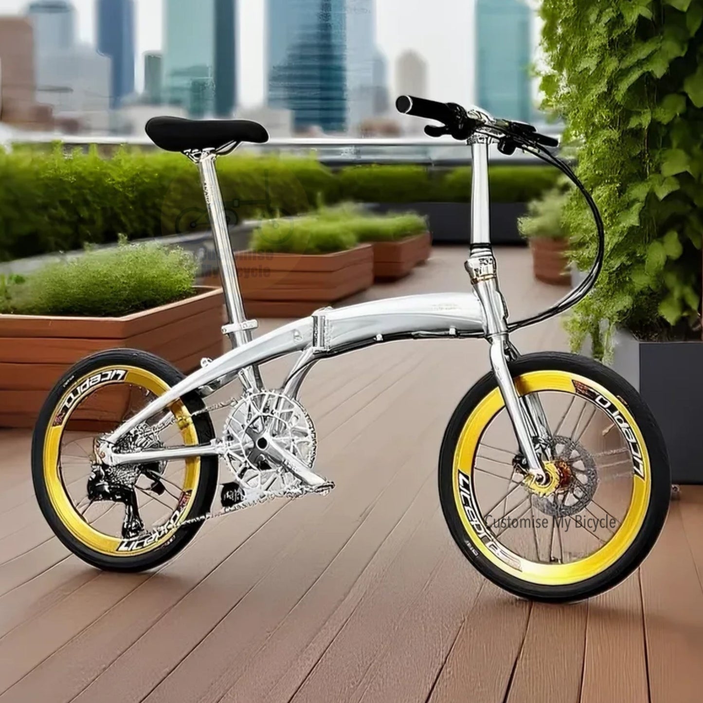 Silver bicycle with yellow wheels on a wooden deck with city skyline in the background