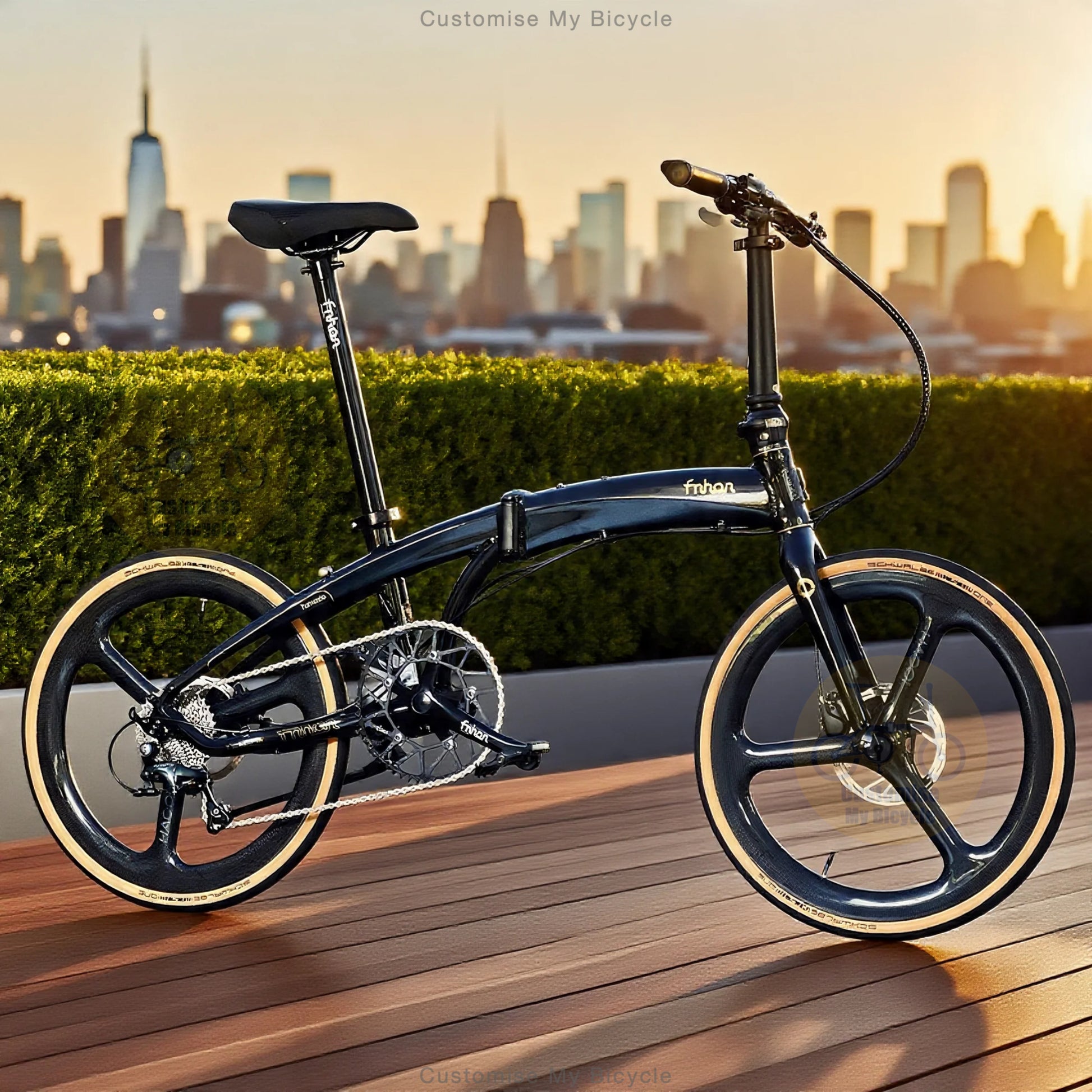 Folding Bike Fnhon Tornado 22 Inch Black Gold Shimano 10 Gears Hydraulic Disc Brake Carbon Trispokes Wheels Lightweight Foldable Bicycle
