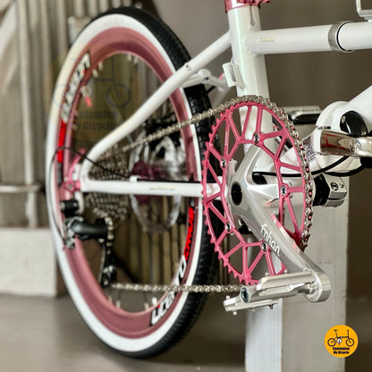 Fnhon Thunderstorm Litepro hollowtech crankset close up with pink chainring 54t
