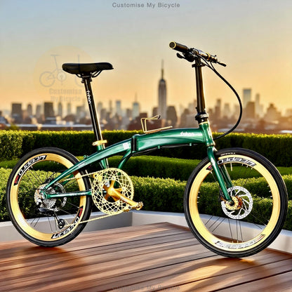 A green folding bicycle with gold accents and cream-colored tire sidewalls is parked on a wooden deck with a city skyline and hedges in the background.