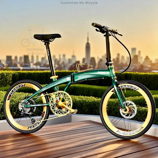 A green folding bicycle with gold accents and cream-colored tire sidewalls is parked on a wooden deck with a city skyline and hedges in the background.